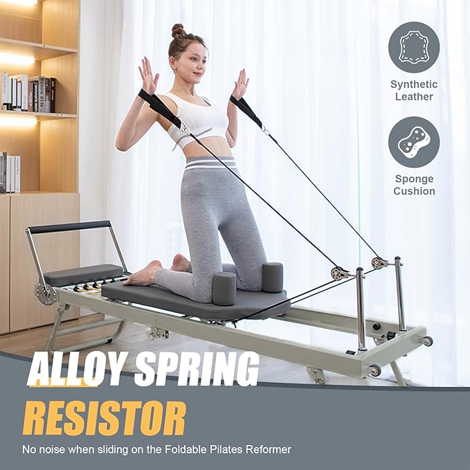 Pilates Reformer with Adjustable Reformer Heights and Angle,Foldable Pilates Machine & Equipment for Home Workout Cardio Fitness Rebounder Up to 300 Lbs Weight Capacity,Black/Beige