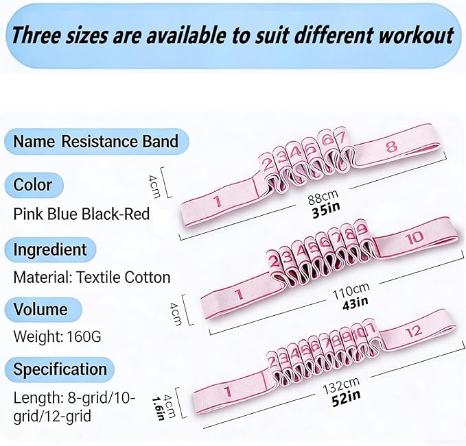 Fitness Resistance Band for Stretching and Yoga, Number Stretch Resistance Band with Clear Markings, 8,10,12-Section Elastic Training Bands for Stretching, Yoga, Pilates