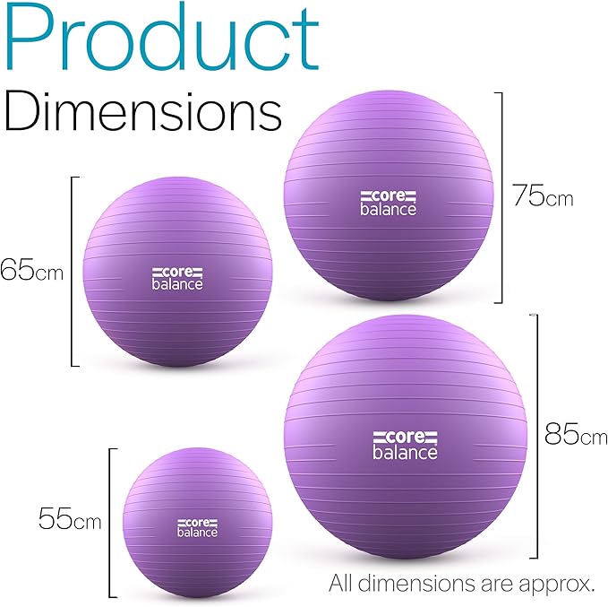 Core Balance Exercise Ball, Stability Ball for Yoga, Pilates and Fitness, Gym Ball for Home Gym and Office Chair, Training, Physical Therapy, Anti Burst, Pump Included, 55cm 65cm 75cm 85cm