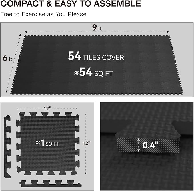 AIRHOP 18 Tiles Gym Floor Mat, EVA Foam Puzzle Gym Mat, High-Density Interlocking Foam Floor Tiles for Home Gym, Play Workout Garage Kitchen Flooring