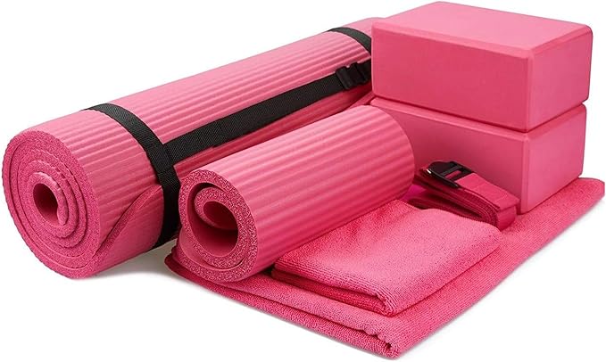 BalanceFrom 7-Piece Yoga Set with 71x24x0.5 Inches Extra Thick Mat and Carrying Sling – Includes 2 Blocks, Stretch Strap, 2 Towels, and Knee Pad for Home, Studio, and Gym Workouts