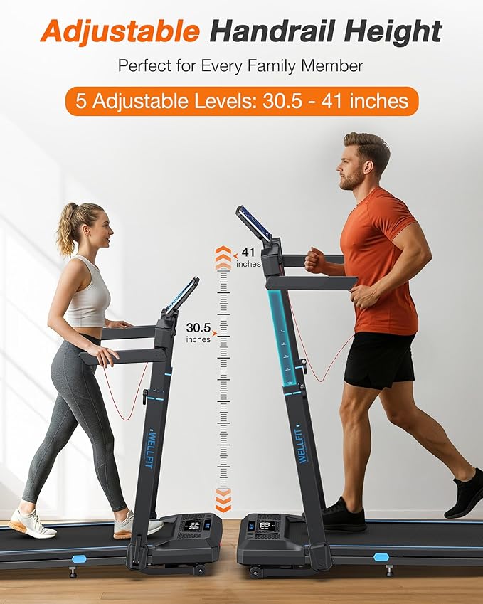 WELLFIT Treadmill with Auto Incline, 4 in 1 Foldable Treadmills for Home with Adjustable Height, 3.5HP Quiet Under Desk Treadmill, 350 LBS Capacity Portable Walking Pad with App, Space-Saving Design