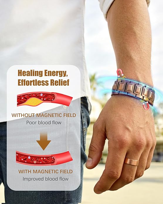 3X Strength Magnetic Copper Bracelet for Men - 99.9% Pure Copper Bracelet & Ring Set - Premium Fold-Over Clasp and Adjustable Length Sizing Tool & Jewelry Box