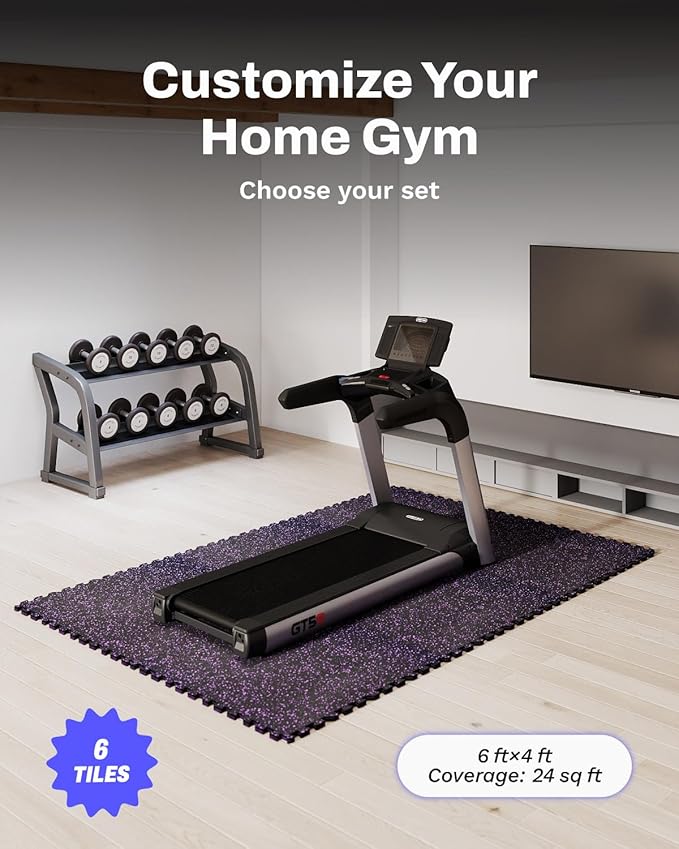 AIRHOP 0.79in Thick 24 Sq Ft Exercise Equipment Mats, 6 Tiles Upgraded Rubber Top with High Density EVA Foam, Large Interlocking Puzzle Gym Flooring for Home Gym, Heavy Weight Workout,Black & Purple