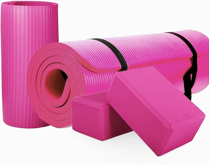 BalanceFrom 71x24 Inches Yoga Mat with Knee Pad and Optional Blocks – Extra 1-Inch Thick Non-Slip Foam with Anti-Tear Surface and Carrying Strap for Home, Studio, or Gym Workouts