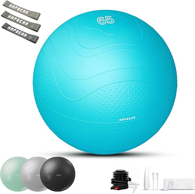 HAPBEAR Exercise Ball (22''/26''/30'') - Anti-Burst Slip-Resistant Yoga/Pilates Ball for Core Training & Posture Improvement, Home Gym/Rehab/Pregnancy Ball, Quick Pump & 3 Resistance Bands Included