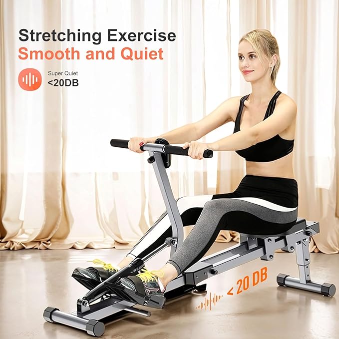 Rowing Machines for Home Foldable,Indoor Fitness Hydraulic Rowing Machine,300LBS Weight Capacity with 12 Levels of Adjustable Resistance,LCD Display for Real-time Recording,Dual Tracks for Quieter