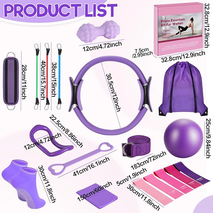 19 Pack Pilates Ring Set for Womem, Home Workout Equipment with 12 inch Magic Circle Pilates Ring and Ball Set, 5 Resistance Bands, Magic Circle, Grip Socks & Accessories for Full Body Toning