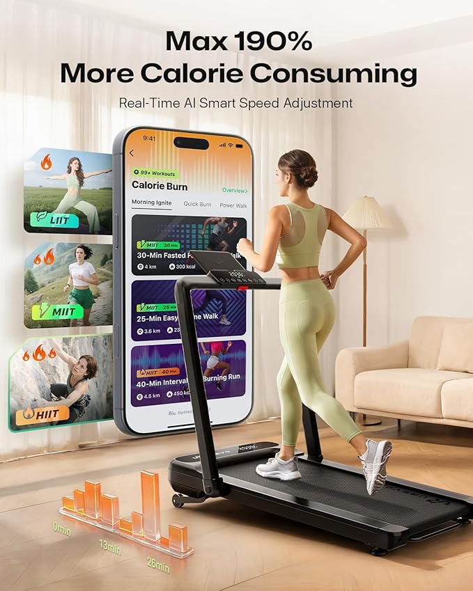Smart Treadmill with 9% Auto Incline, Hiking and Running Walking Pad Treadmills for Home Office, Treadmill with UREVO APP, AI Powered Music Course, HIIT Programs Synced to Scenic Route, One-Click Mute