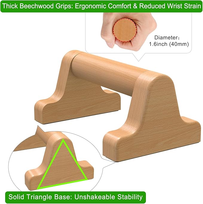 SELEWARE Wood push up bars Parallettes bars Anti-slip Handstand Bars for Calisthenics, Fitness, Floor workouts Solid Wood with Sturdy Metal Bracket, Support 600 lbs