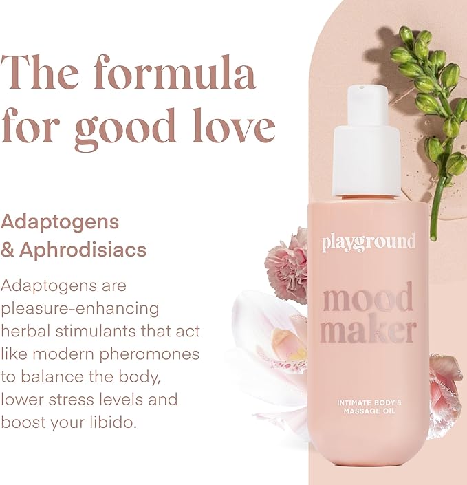 Playground Mood Maker, Pleasure Enhancing Body & Massage Oil, Mood Elevating Adaptogens, Botanical Aphrodisiacs, Skin Soothing Plant Oils, Vanilla Sandalwood Rose Ylang Ylang, Long-Lasting Sensual Oil