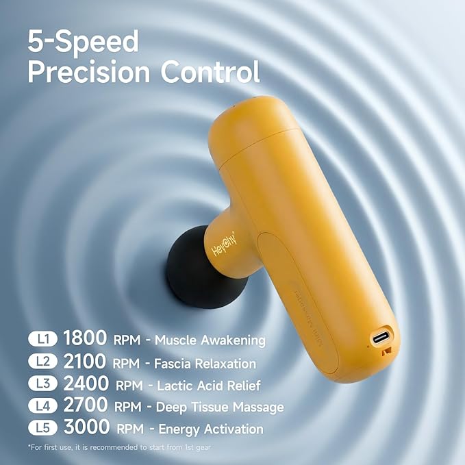 Super Mini Massage Gun Deep Tissue, Handheld Muscle Massager with 4 Heads, Percussion Travel Size Massager Gun for Men & Women Back Pain Relief, Quiet for Home, Gym, Office, Yellow