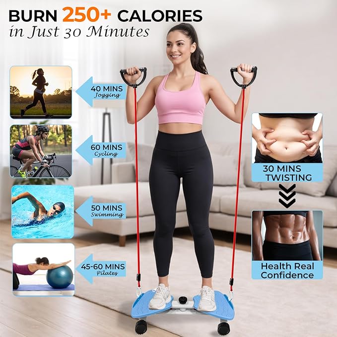 Ultra-Quiet Waist Twisting 5-in-1 Exercise Bundle - Ab Twister Board With 2 Resistance Bands, 1 Length Adjustable Jump Rope, an Automatic Waist Measuring Tool and Workout Guide - 300LB Capacity - Workout Bundle Perfect for Men and Women Looking for At-...