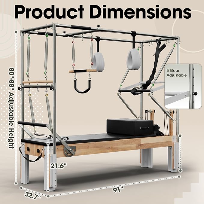 Pilates Reformer, PAETA 92" Wooden Pilates Reformer Machine with Springs, Pilates Machines for Home Use and Studio, Pilates Equipment with Sitting Box, Jump Board and Accessories