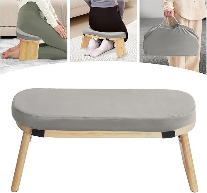 Bamboo Meditation Bench with Cushion, Folding Kneeling Meditation Bench, Portable Kneeling Chair for Kneeling or Sitting, 396.83lbs Load Max (Gray)