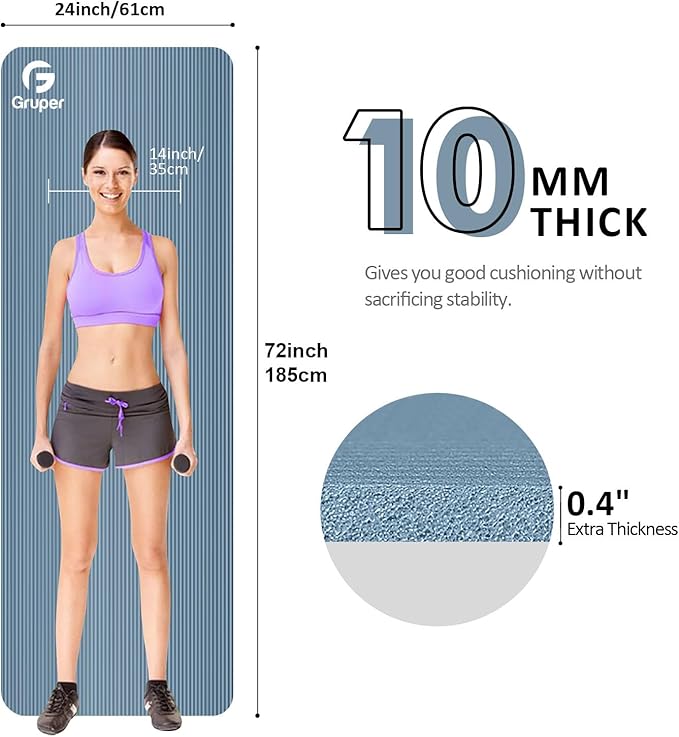 Gruper Yoga Mat Non Slip NBR Extra Thick Yoga Mat, 72"L x 32"/24"W x 0.6"/0.4"TH (185cm x 80cm/61cm x 15mm/10mm), Anti-Tear Exercise Mat with Carrying Strap and Bag, Workout Mats for Yoga, Pilates
