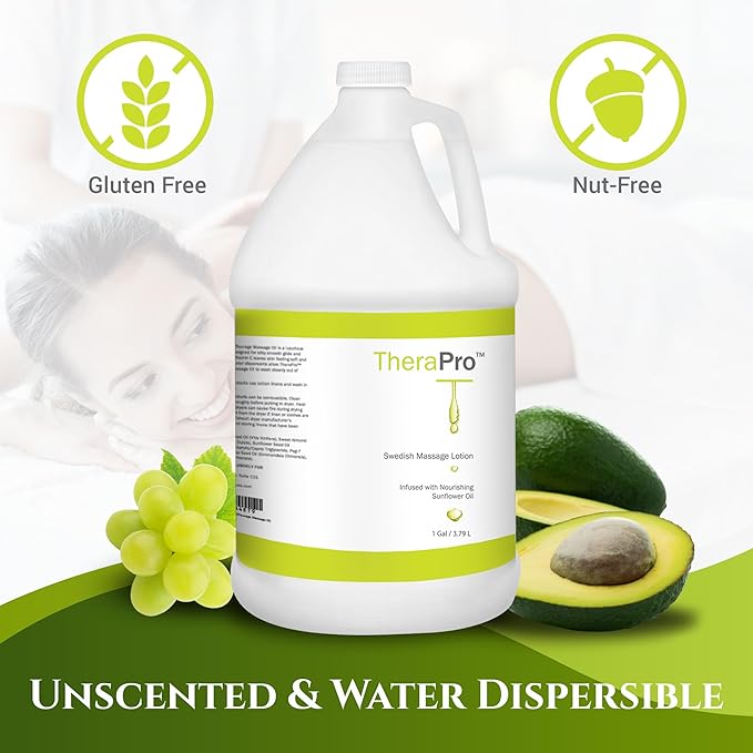 Swedish Massage Lotion by TheraPro - 1 Gallon - Unscented, Water Dispersible - Swedish Deep Tissue for Massage Therapy - Smooth Glide No Sticky Residue - Professional Lotion