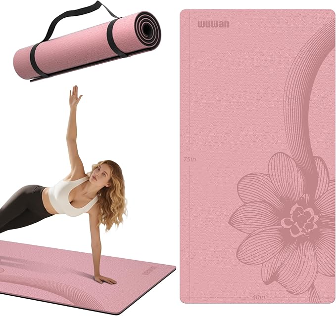 Large Yoga Mat 76"x 40"x10mm (2/5 inch) – Extra Thick & Wide, TPE Fitness Mat, Printed Non-Slip Exercise Mat with Carrying Strap for Men & Women, Pilates, Stretching, Fitness & Workout