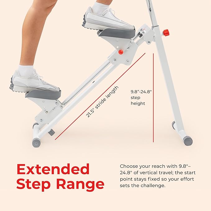 Sunny Health & Fitness Smart Foldable Cardio Stair Stepper, Vertical Climber with Extended Step Range, SunnyFit App Connection – Pink / White / Gray