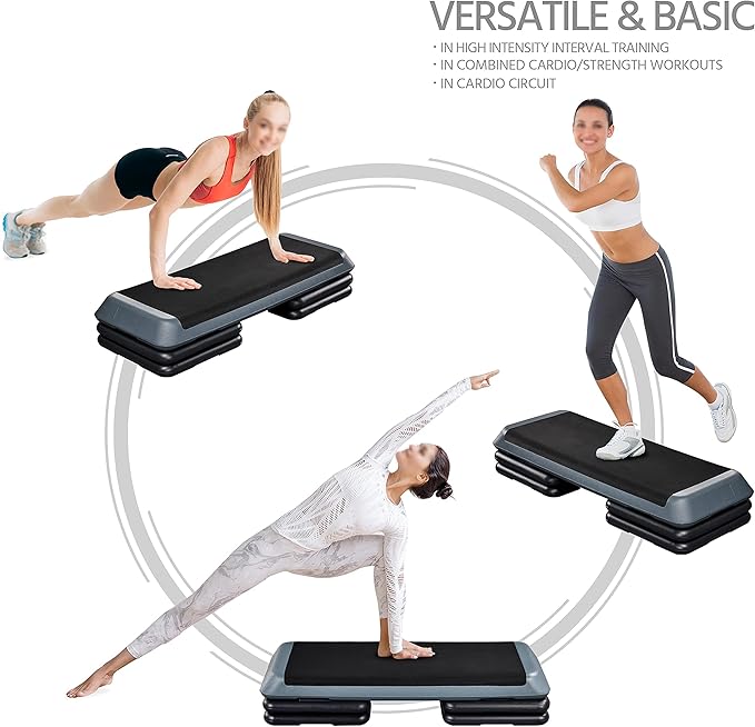 Yaheetech Aerobic Stepper, 4-6-8in Height-Adjustable Aerobic Exercise Step Platform Health Club Size w/Risers & Non-Slip Surface & Non-Marking Feet for Home Gym Workout & Training