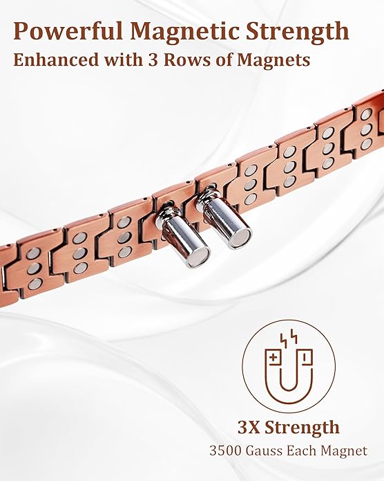 MagEnergy Copper Bracelet for Men, 3-Row Magnet Design, Ultra Strength Magnetic Bracelet 99.99% Pure Copper Wristband Adjustable Jewelry Gift with Sizing Tool