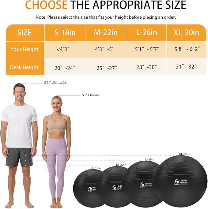 Gruper Yoga Ball, Extra Thick Non Slip Exercise Ball for Workout, Birthing, Balance, Stability, Pregnancy, 4 Sizes Anti Burst Chair for Home and Office, Includes Quick Pump & Fitness Guide