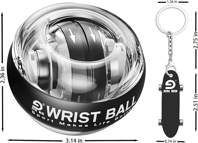 Wrist Gyro Ball and Finger Skateboard Set – Self-Starting Forearm Exerciser for Grip Strength, Hand & Finger Exerciser, No Light Black , Home Gym, Workout, Rehabilitation