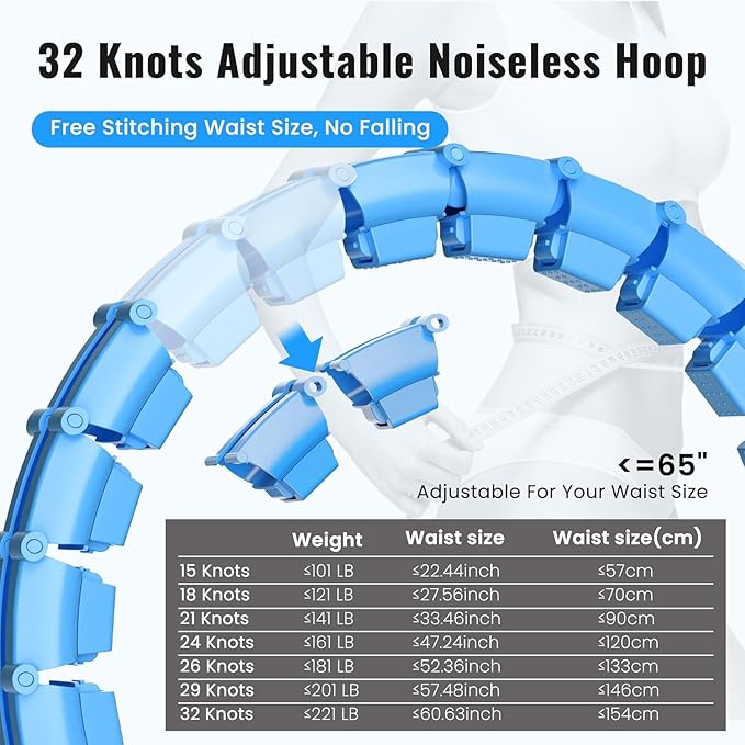 65inch 32 Knots Plus Size Quiet Weighted Hula, Smart Detachable Fitness Infinity Hoop, 2 in 1 Waist and Abdominal Weight Loss for Women, Workout Exercise Equipment Hoop