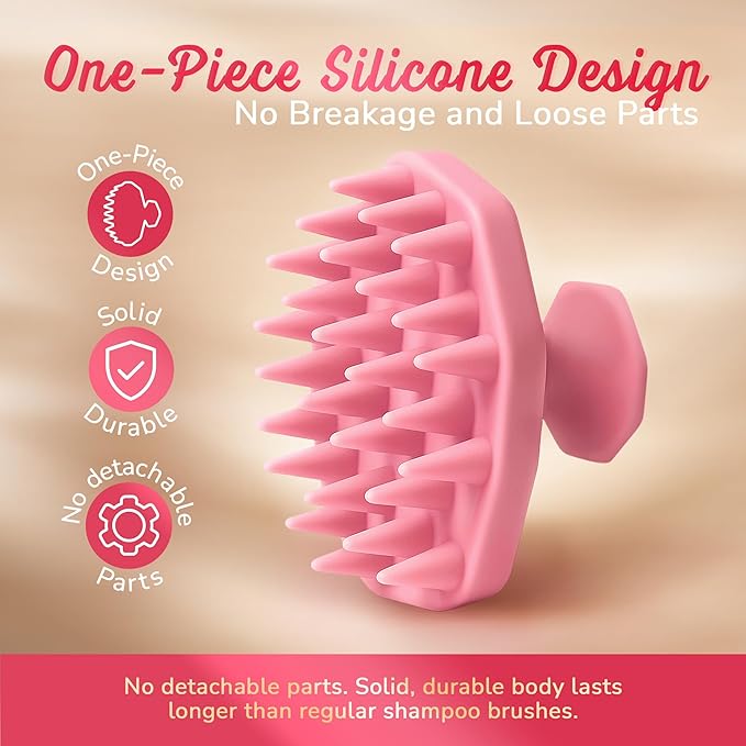 Scalp Massager Shampoo Brush – Silicone Scalp Scrubber for Hair Growth & Dandruff Removal, One-Piece, Non-Slip Handle, Soft Bristles, Wet/Dry Shower Scalp Exfoliator for All Hair Types – Pink