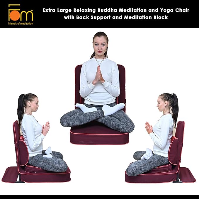 Friends of Meditation Extra Large Meditation Chair | Floor Chair with Back Support | Yoga Chairs for Adults | Portable Folding Chair | Yoga Chair with Cushion & Meditation Block | Black | 24x22 in