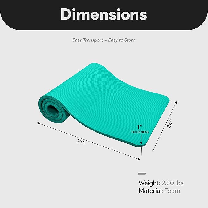 BalanceFrom 71x24 Inches Extra Thick Yoga Mat 1-Inch High-Density Foam – Roll-Up Exercise Pad with Double-Sided Non-Slip Surface and Carrying Strap for Pilates and Home Workouts, Multiple Colors
