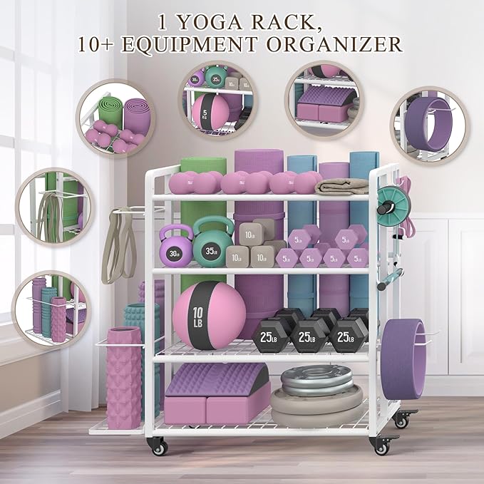4-Tier Dumbbell Rack Stand Only, Adjustable Weight Rack for Dumbbells Kettlebells Yoga Mat, Home Gym Storage Rack with Wheels and Hooks, Powder Coated Finish