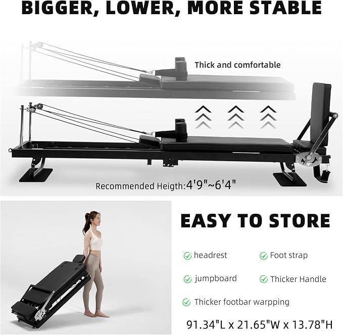 Pilates Reformer for Home Use,AMSINA Foldable Pilates Machine with Headrest & Jumpboard , Pilates Home Equipment with Foot Straps