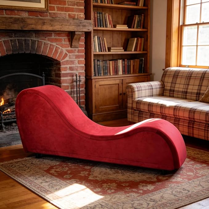 Curved Lounge Bench Chair for, Relaxing, Chaise Chairs with Removable Cover, Metal Frame (Red Velvet)