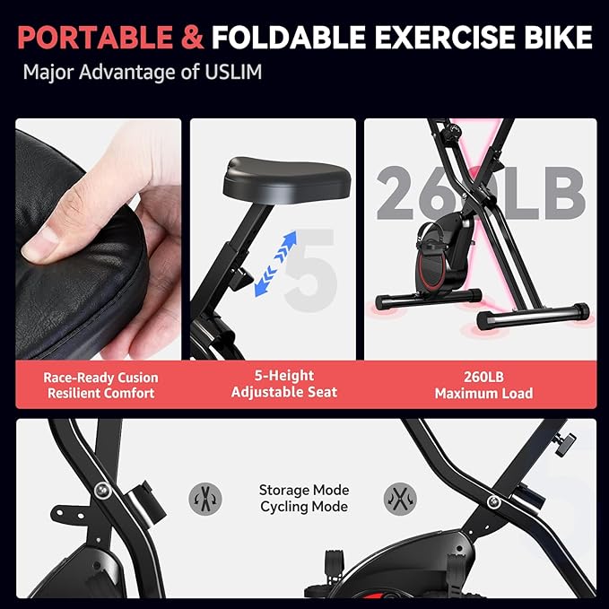 Lightweight 33LB Foldable Exercise Bike for Small Apartments, Stationary Bikes for Home Workout, Indoor Portable Cycling Bike with 16-Level Magnetic Resistance, 260LBS Capacity, 5.5 LBS Flywheel