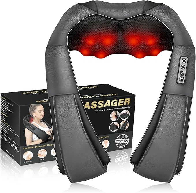 Shiatsu Electric Massager with Heat - 3D Kneading Pillow for Neck, Back, Shoulder, Muscle Pain Relief - Office, Home, Car Use - Fits Parents (Gray-button)