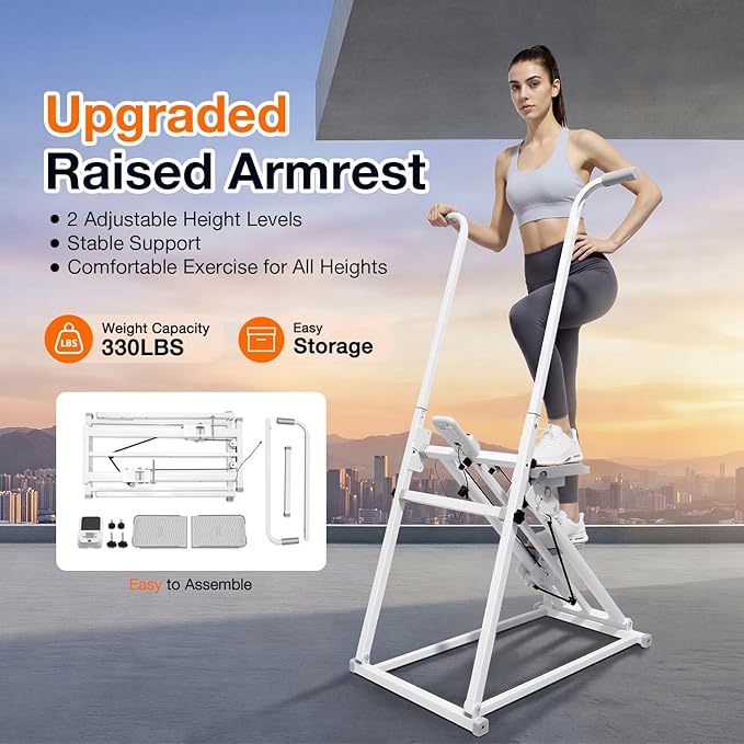 Foldable Stair Stepper Machine with Handles - Adjustable Stepper for Home Cardio, Low Impact Workout Equipment for Legs, Glutes & Weight Loss - Compact Stepping Machine, Easy Assembly White