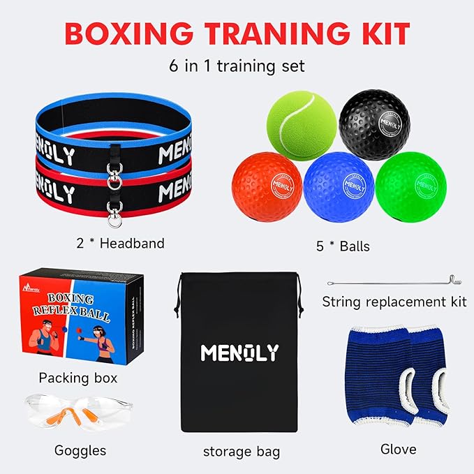 MENOLY 5pcs Boxing Reflex Balls Set, 2 Adjustable Headbands, 1 Pair Goggles and Gloves, Speed Training Equipment for Hand Eye Coordination, Agility, Great Gift for Men, Boxers & Fitness Fans