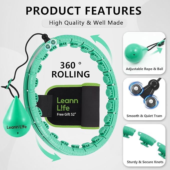 U2-26 Knots 19”- 56”, Weighted Hula Hoop for Adults Weight Loss, Infinity Hoop Plus Size, Children Adults Home Outdoors, Fun Fitness Exercise, Abdominal Toner,Free Waist Trimmer&Wash Bag