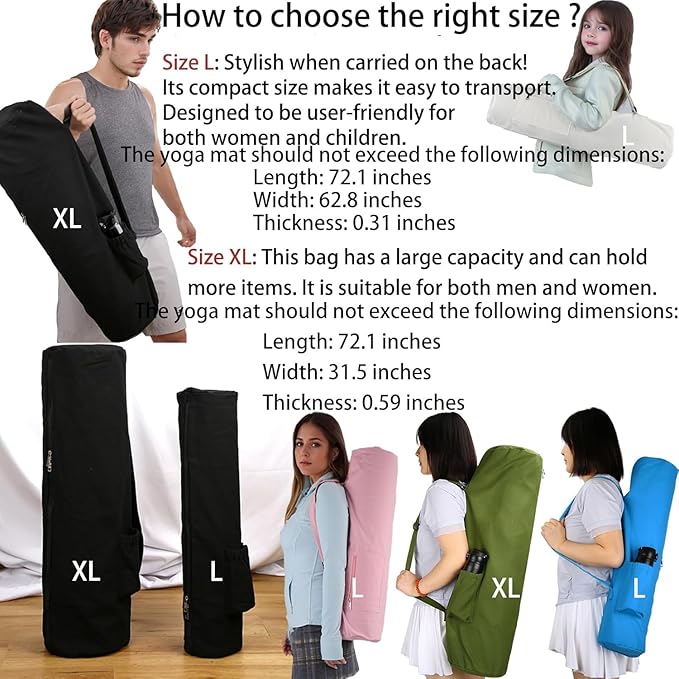 Cotton yoga mat bag with Pockets and Adjustable Strap - Full Zip Cargo Yoga Mat Carrier Bag - Bag for 1/4" 1/3" Thick Yoga Mat
