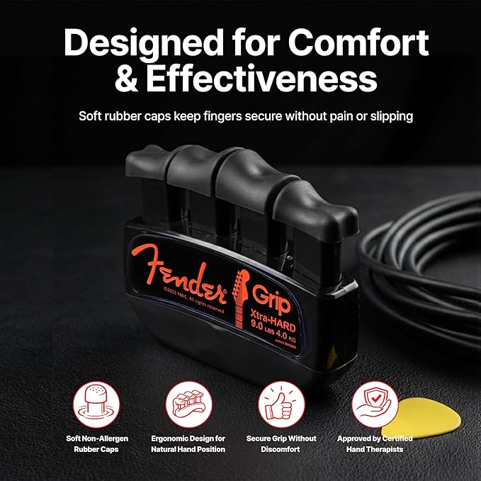 Fender GRIP Hand and Finger Exerciser – Best Ergonomic Finger Strengthener to improve play on all stringed instruments (Guitar, Bass, Violin, etc.) (Tensions: WHITE=5-Lbs; RED=7-Lbs; BLACK=9-Lbs)