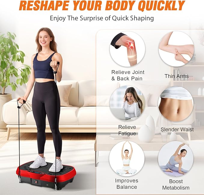 ALSO GO Vibration Plate Exercise Machine, 10 Modes & 200-Level Vibration Platform for Weight Loss/Lymphatic Drainage, 400lbs Vibration Board with Music and Resistance Bands for Full Body Workout, Red