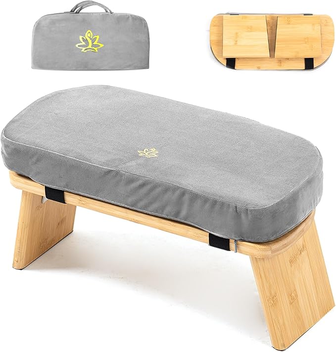 Meditation Bench, Bamboo Meditation Stool, Folding Kneeling Meditation Bench, Seiza Prayer Bench, Prayer Bench with Meditation Cushion, Kneeling Stool(Grey-Bag)