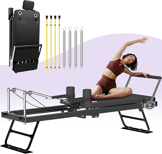 Pilates Reformer Machine, Foldable Reformer Pilates Machine & Equipment for Home Use Gym Workout, Suitable for Advanced and Beginners Users, Up to 400 lbs Weight Capacity, Black