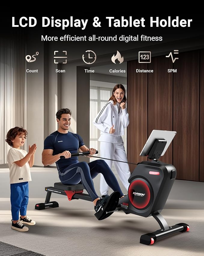 HARISON Rowing Machines for Home, Magnetic Rower Machine with US Mute System, Bluetooth, App Supported, Smooth & Quiet Slide Rail,350 LB Weight Capacity and Free Courses