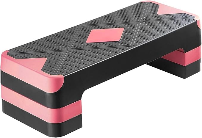 Aerobic Exercise Step Platform, 28-Inch Workout Aerobic Stepper, Height Adjustable Fitness Training Step Deck Trainer with 4 Risers, Non-Slip Surface Bench for Home Gym Cardio Strength, Red