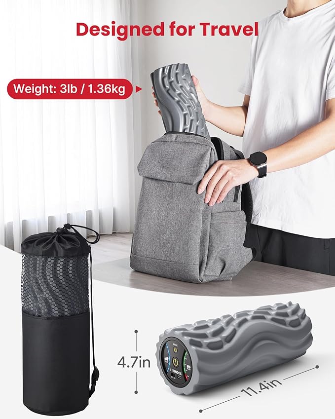 FITINDEX Vibrating Foam Roller for Back Pain, FSA&HSA Eligible, 5-Speed Muscle Massage, Exercise, Muscles Deep Tissue, Physical Therapy, Pilates, Yoga, Neck, Leg, Rechargeable, Travel Portable, Gray