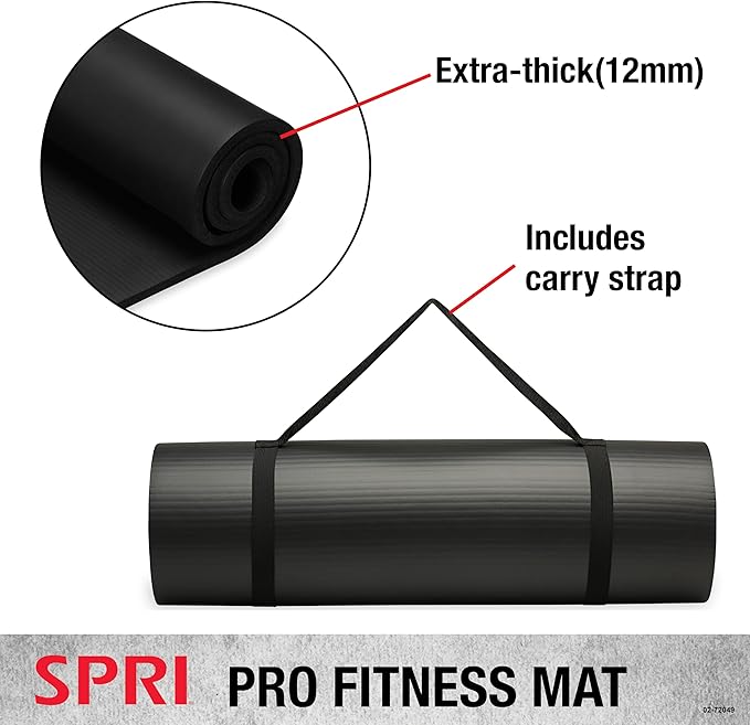 SPRI 12mm Pro Fitness Matt - Thick Exercise Mat for Floor Workouts, Sit-Ups, Push-Ups, Stretching, Toning, and General Fitness - Non-Slip Texture, Cushioned, Portable Rolling Mat with Carrying Strap