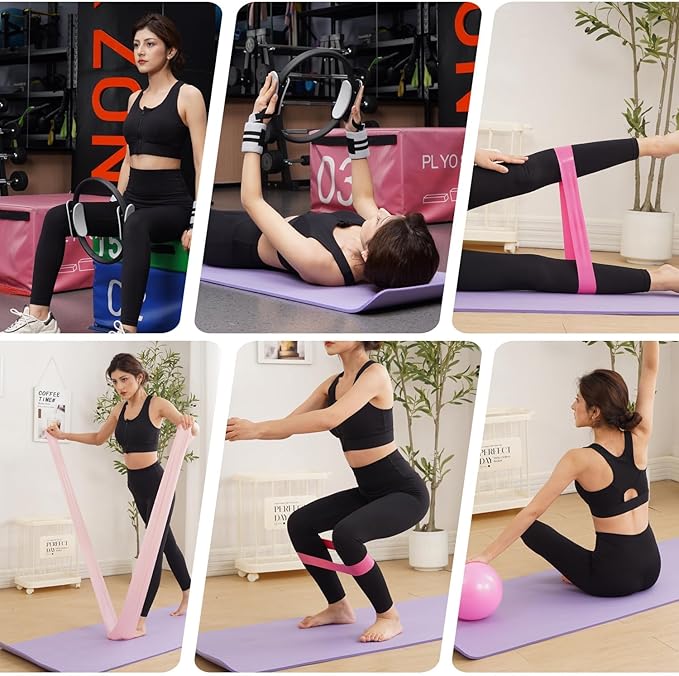 Tsikavo Pilates Ring, Pilates Ring Circle and Ball Set, 12 Inch Magic Circle Pilates Ring,9 Inch Small Exercise Ball,Resistance Bands Set, Home Pilates Equipment for Women