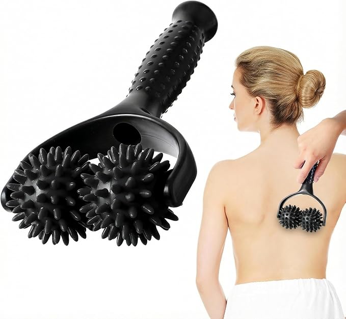 Handheld Spiky Massage Balls Rollers, 2 Wheel Spiky Silicone Manual Massage Roller with Ergonomic Handle, Portable Pressure Point Muscle Massages Tool for Foot Arm Body Neck Leg Pain Pressure Relief